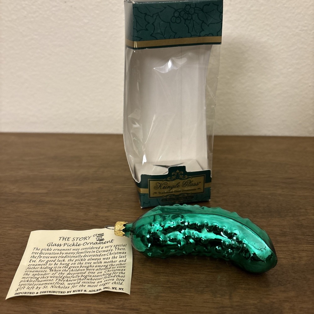 Kurt Adler Kringle Glass Green Pickle Christmas Ornament Story Tradition Hide